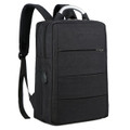 A black laptop backpack with padded shoulder straps and a top carry handle, featuring multiple zippered compartments and a logo.