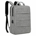 A grey laptop backpack with a sleek design, featuring multiple compartments and a logo on the front.