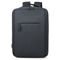 A dark grey backpack featuring a front pocket and dual shoulder straps. It has a streamlined design and a top handle.