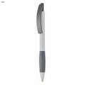 A plastic pen with a grey barrel and a white grip, featuring a logo on the clip.
