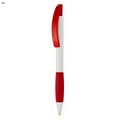 A plastic pen featuring a white barrel and vibrant red accents, including a clip and grip. It has a logo.
