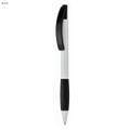 A plastic pen in white and black, featuring a clip and a branding logo.