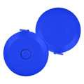 A blue compact tape measure with a circular design and a clip. It features a logo on its surface.