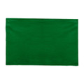 A green cotton tea towel with a smooth texture, featuring a logo in one corner.