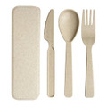 Wheat straw utensils set in a light beige colour, including a fork, knife, spoon, and storage case.