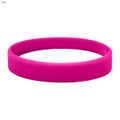 A pink silicone wristband with a smooth, circular design and a branding logo.
