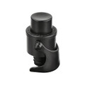 A black champagne stopper with a hook design and a sealing mechanism for bottles. It features a logo on the side.