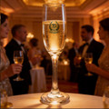A Montio champagne flute, 185ml, made of clear glass, filled with sparkling champagne, set on a table at a festive event.