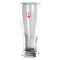 A clear glass beer glass, featuring a red logo, with a tall, tapered design and a sturdy base.