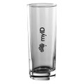 A tall, transparent glass tumbler with a clear design and a logo. Ideal for beverages.