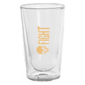 A double wall glass tumbler in clear glass, featuring a design with a skull and the word "FIGHT" in yellow.