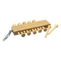 A bamboo golf tee set featuring multiple wooden tees and a clip for easy carrying.