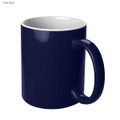 A dark blue coffee mug with a glossy finish and a white interior, featuring a handle and a logo.