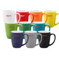 A collection of coffee mugs in various colours including white, orange, green, blue, purple, grey, and black, each with a logo.