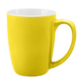 A yellow coffee mug with a glossy finish and a white interior, featuring a handle and a rounded shape.
