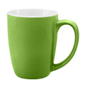 A green coffee mug with a glossy finish and a curved handle, featuring a white interior.