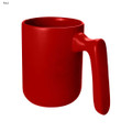 A red coffee mug with a modern design and a unique handle. It includes a logo on the surface.