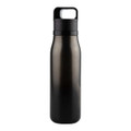 A drink bottle in sleek black with a secure lid and a handle, featuring a simple logo on the side.