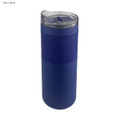 A drink bottle in navy blue with a textured grip and a clear lid. It has a logo on the side.