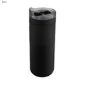 A drink bottle in matte black with a textured grip and a clear lid featuring dual openings. Includes a logo.