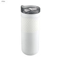 A drink bottle in white featuring a textured grip and a transparent lid. It includes a logo on the side.