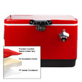 A red metal ice cooler box with a silver latch, featuring an insulated interior and a black base.