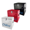 Three metal ice cooler boxes in black, red, and white, showcasing a glossy finish and a lockable lid.