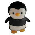 A plush penguin toy with a black shirt featuring a black and white body, and yellow feet and beak.