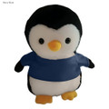 A navy blue penguin plush toy with a yellow beak and large black eyes, wearing a blue shirt.