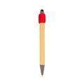 A bamboo stylus pen with a red top and a silver tip, featuring a logo.