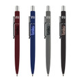 A collection of four metal pens in burgundy, blue, grey, and black, each featuring a logo.