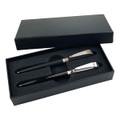 A black metal pen gift set featuring two pens, presented in a sleek black box with a textured finish.