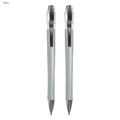 A grey metal pen gift set featuring two pens with a sleek design and silver accents. Includes a branding logo.