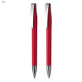 A red pen gift set featuring two sleek plastic pens with chrome clips and silver accents.