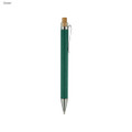 A green recycled cardboard pen with a bamboo top and a silver clip, showcasing a sleek and eco-friendly design.
