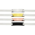 Four shoelace charms in silver, gold, rose gold, and black, attached to white shoelaces, with a logo present.