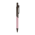 A metal pen with a pink barrel and a black clip, featuring a sleek design and a logo.