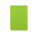 A green washable paper notebook with a smooth cover and rounded edges, featuring a logo on the back.