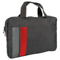 A grey satchel bag featuring red and grey accents, with dual handles and a zippered closure. It has a logo.