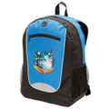 A blue and black backpack featuring a logo and mesh side pockets.