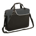 A black and grey laptop bag with a shoulder strap, featuring a logo on the front.