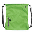 A green drawstring bag with a side zip pocket and black drawstrings, featuring a small logo.