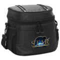 A black cooler bag with a textured surface, featuring a logo and zippered compartments.