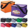 A selection of cooler bags in various colours, featuring a logo on one bag. The bags have black straps and zip closures.