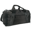 A black duffle bag featuring multiple zippered compartments and a shoulder strap, with a logo on the side.