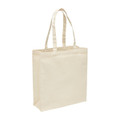 A heavy duty canvas tote bag in natural beige with a gusset for extra space and sturdy handles.