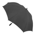 A black umbrella with a curved handle and a sleek design, featuring a branding logo.