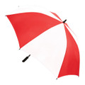 A red and white striped umbrella with a black handle and a logo.