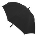A black umbrella with a curved handle, showcasing a smooth canopy and a sleek design. Brand logo visible.