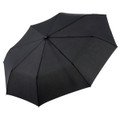 A compact black umbrella featuring eight panels, with a central button and a branding logo on the handle.